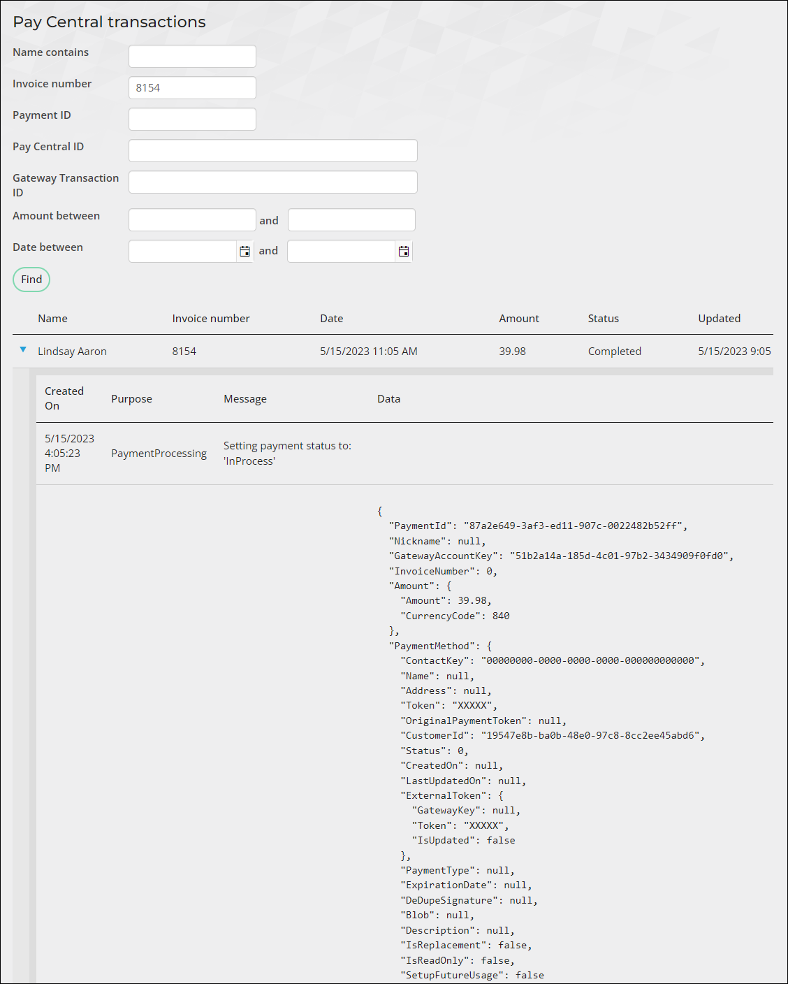 Reviewing the details of a pay central transaction